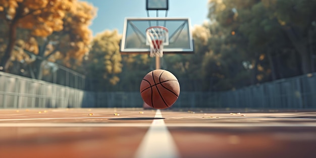 Close-up di una palla da basket su un campo con cerchio in distanza urban playground impostazione perfetta per lo sport