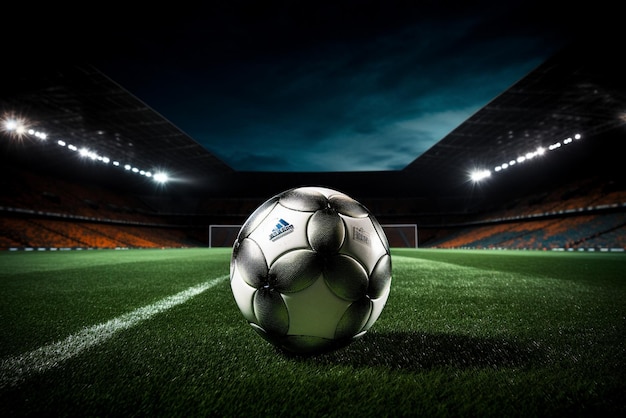 Close up di una palla da calcio al centro dello stadio illuminata dai fari