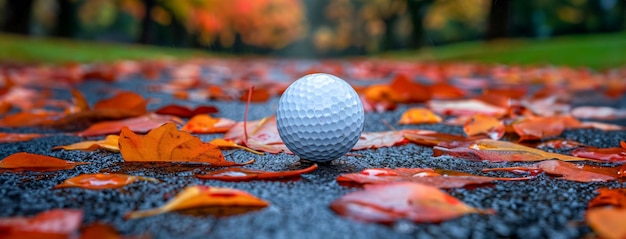Close-up di una palla da golf in una mattina umida d'autunno