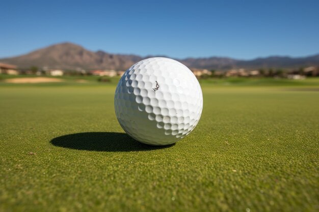 Close-up di una palla da golf su un putting green con il campo da golf e le montagne sullo sfondo