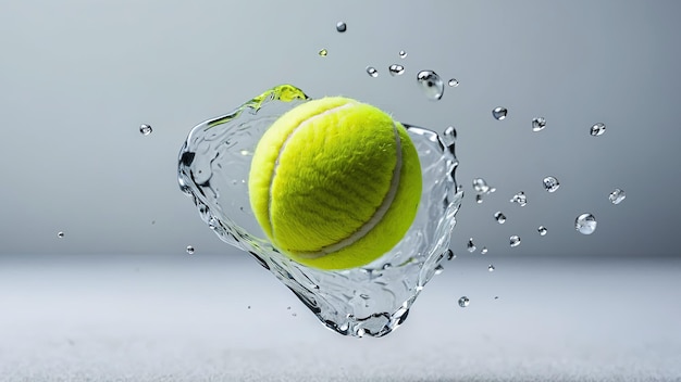 Close-up di una palla da tennis gialla in spruzzi d'acqua su uno sfondo sfocato di luce astratta