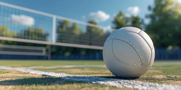 Close-up di una pallavolo sul campo con rete sullo sfondo giorno soleggiato cielo limpido sport e attività all'aperto concetto di svago estivo AI