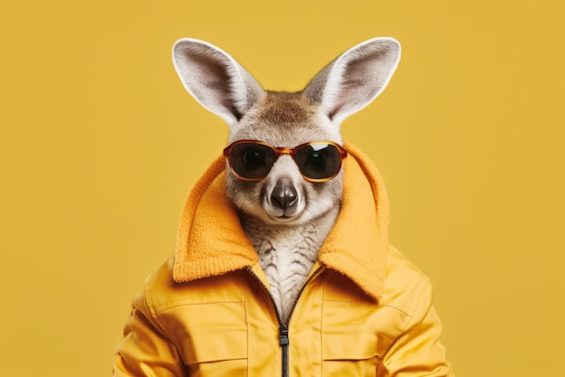 Close-up di una persona che indossa occhiali da sole e un canguro che indossa una giacca AI generativa