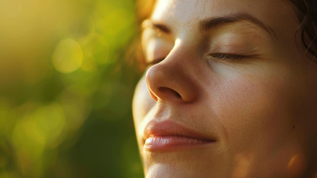 Close-up di una persona che medita con gli occhi chiusi enfatizzando l'atmosfera tranquilla e tranquilla