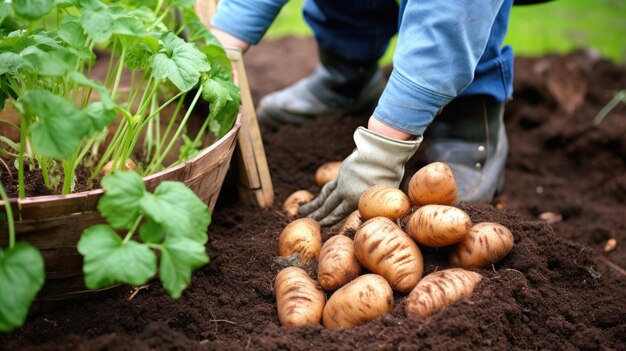 Close-up di una persona che mette le mani di patate appena raccolte in un cesto di vimini in un campo con terreno ricco e piante verdi sullo sfondo