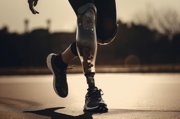 Close-up di una persona disabile con una gamba protetica che si esercita su una pista sportiva