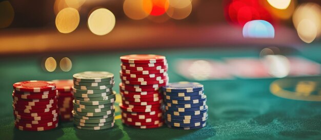 Close-up di una pila di fiches da poker su un tavolo da poker del casinò sullo sfondo Generato dall'AI immagine