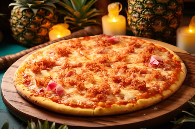 Close-up di una pizza hawaiana con fette di pollo alla griglia