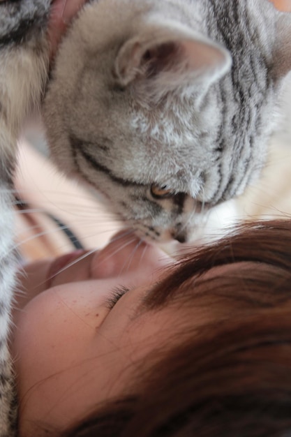 Close-up di una ragazza con un gatto domestico
