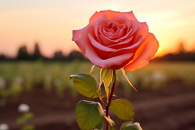 Close-up di una rosa sullo sfondo sfocato di un campo di campagna