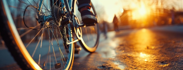 Close-up di una ruota di bicicletta con un piede umano sul pedale con sfondo sfocato Ciclismo in autunno Il concetto di ricreazione all'aperto