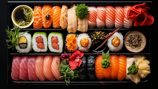 Close-up di una scatola di sushi bento splendidamente disposta che mostra un assortimento di rotoli di nigiri