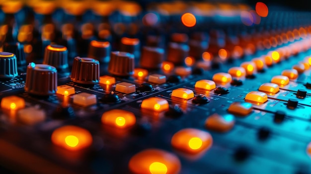 Close-up di una scheda di miscelazione del suono con bottoni luminosi