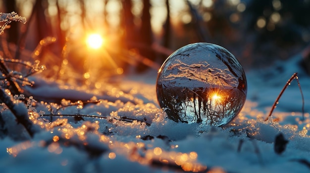 Close-up di una sfera di vetro in un paesaggio invernale