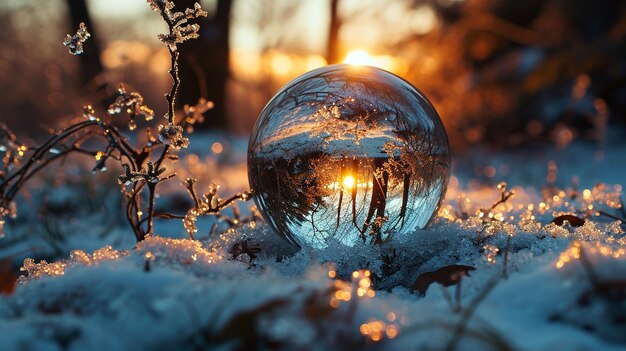 Close-up di una sfera di vetro in un paesaggio invernale