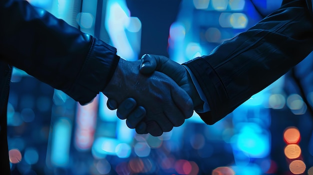 Close-up di una stretta di mano ferma tra due partner di notte simbolo di accordo affare d'affari stretto di mano in ambiente urbano networking e concetto di partnership AI