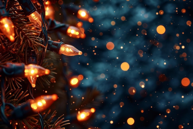 Close-up di una stringa di luci arancione su un albero di Natale con sfondo blu sfocato