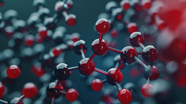 Close-up di una struttura molecolare stilizzata con rappresentazione colorata dell'atomo
