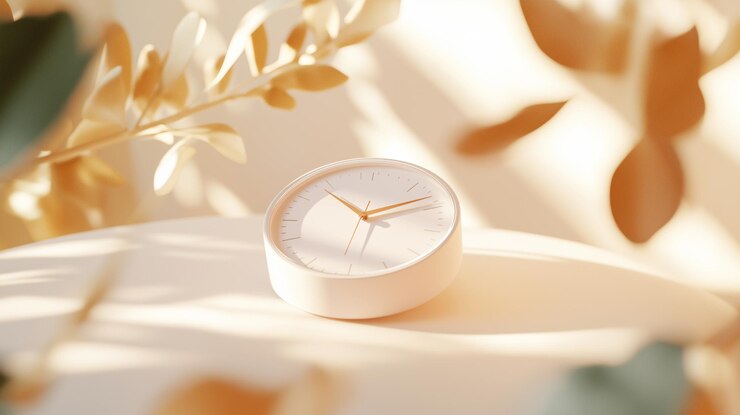 Close up di una sveglia in camera da letto in design minimalista luce mattutina naturale morbida orologio moderno