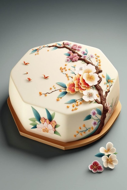 Close up di una torta con fiori su di esso Generative Ai