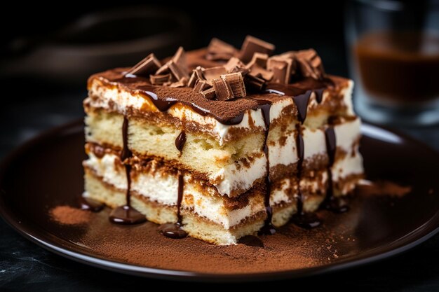 Close-up di una torta di tiramisu con strati di caffè immersi ladyfingers e mascarpone