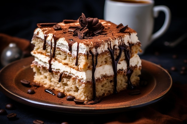 Close-up di una torta di tiramisu con strati di caffè immersi ladyfingers e mascarpone