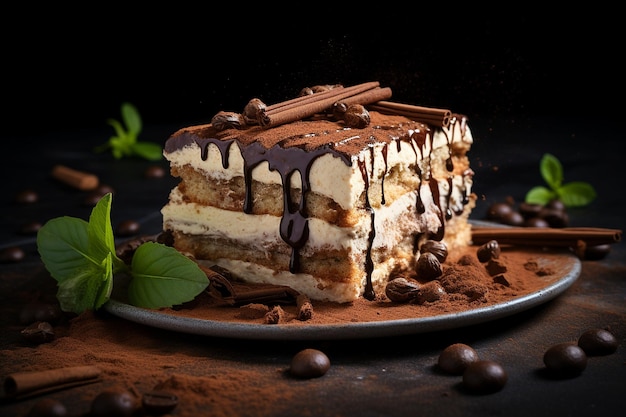 Close-up di una torta di tiramisu con strati di caffè immersi ladyfingers e mascarpone