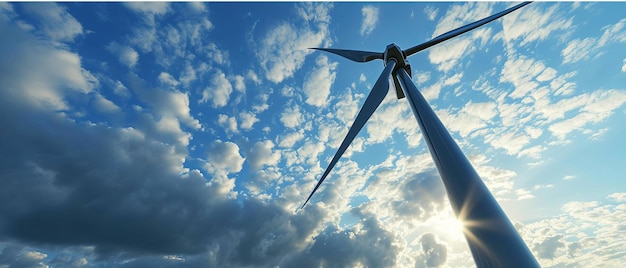 Close-up di una turbina eolica che produce elettricità dalla natura sullo sfondo blu del cielo