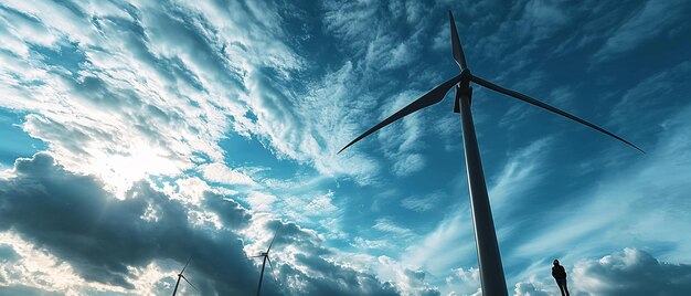 Close-up di una turbina eolica che produce elettricità dalla natura sullo sfondo blu del cielo