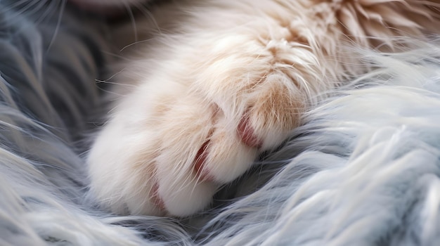 Close up di una zampa di gatto mentre impasta una morbida coperta mostrando il movimento