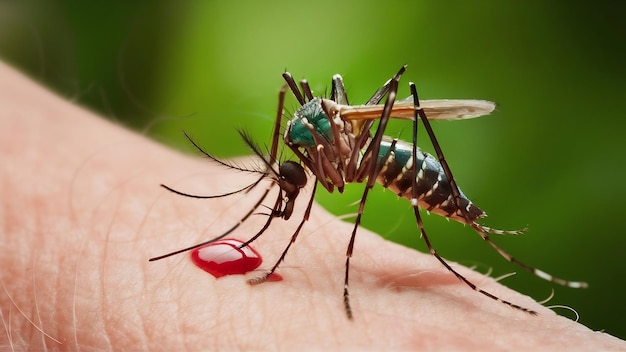 Close-up di una zanzara che succhia il sangue dal braccio umano