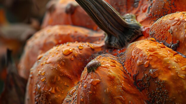 Close-up di una zucca bagnata con gocce d'acqua sulla sua superficie La zucca è arancione e ha un gambo marrone