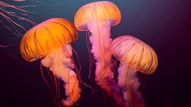 Close-up di uno sciame di meduse rosse luminose in un acquario generano ai