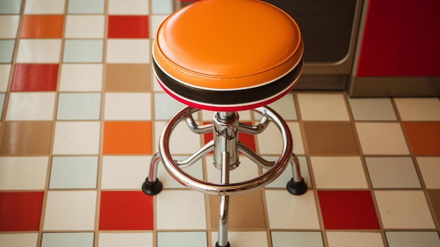 Close-up di uno sgabello da gelateria vintage con un sedile in vinile di peluche che mostra il suo design retrò