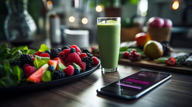 Close-up di uno smartphone e un frullato di frutta sano sul tavolo