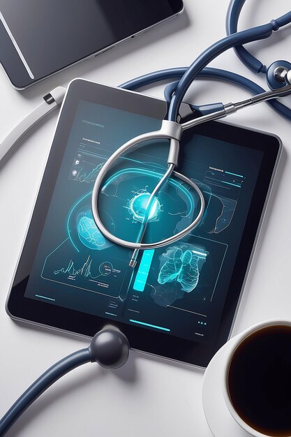 Close-up di uno stetoscopio e di un tablet digitale con cartella medica elettronica virtuale Generative Ai