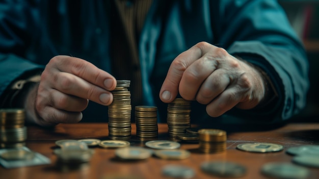 Close up di uomo anziano mano mettere monete a pila di monete un risparmio di denaro per investimenti e risparmi