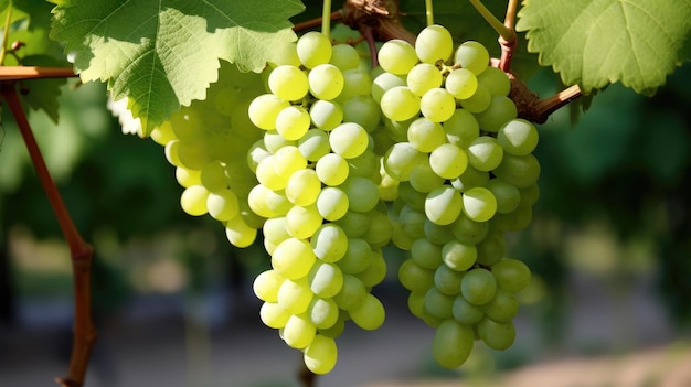 Close-up di uva appesa al ramo Agricoltura dell'uva Boccioli di uva verdi gustosi appesi al ramo creati con la tecnologia Generative AI