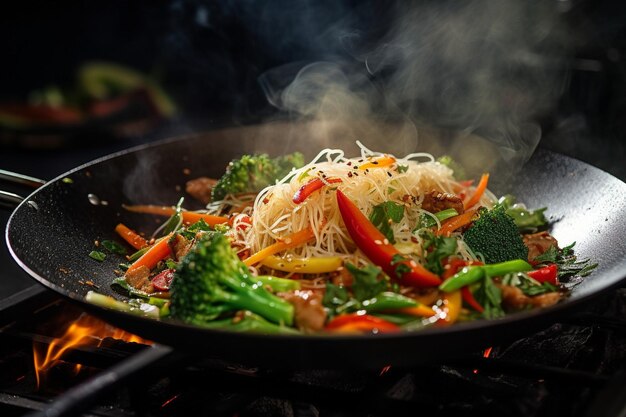 Close-up di verdure fritte che vengono fritte in un wok