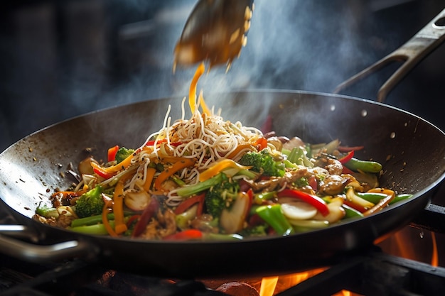 Close-up di verdure fritte che vengono fritte in un wok