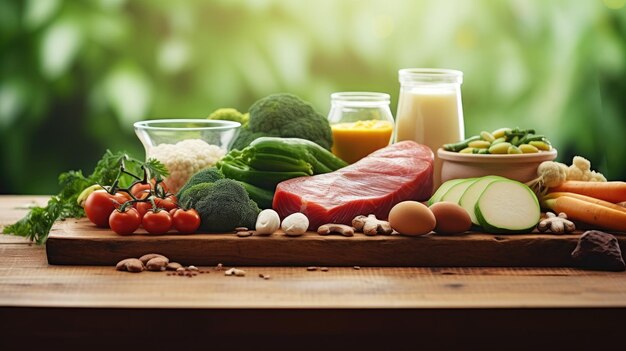 close up di verdure, frutta e carne su un tavolo di legno su uno sfondo naturale verde