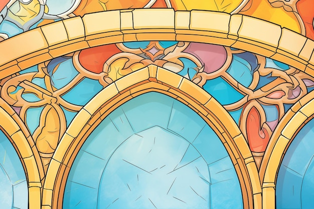 Close-up di vetro colorato in finestra ad arco appuntito illustrazione in stile rivista