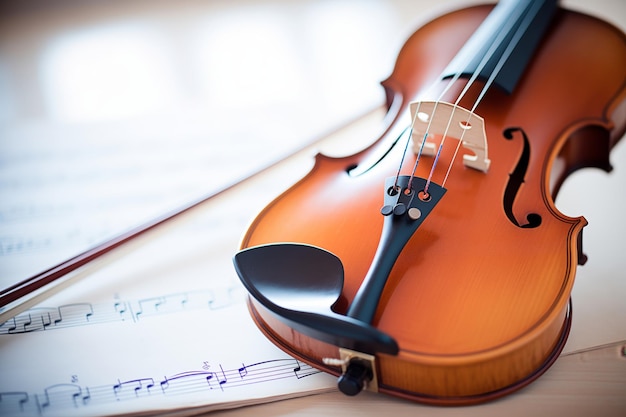 Close-up di violino e arco su un foglio di musica