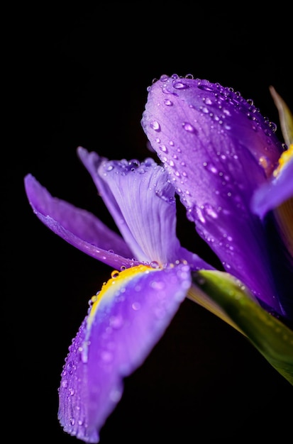 Close up foto verticale del fiore di iris con gocce su sfondo scuro