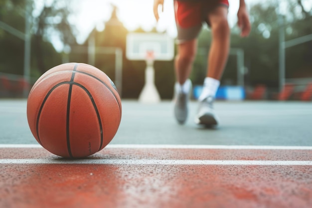 Close up giocatore di basket che gioca a basket al campo sportivo sportivo con una palla sullo sfondo del basket