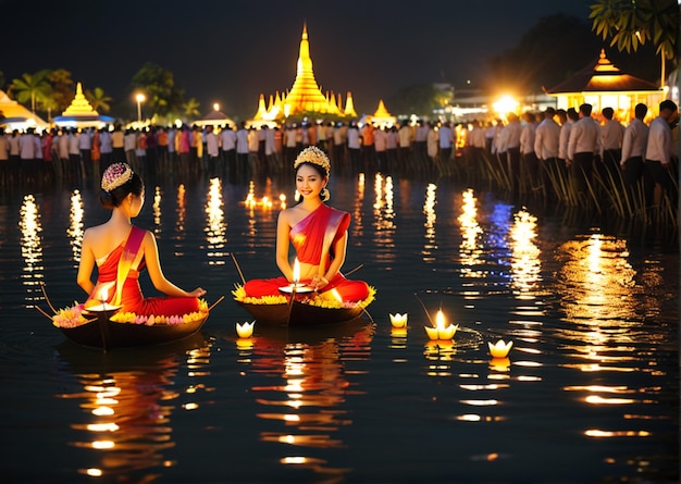 Close up Loy krathong benvenuto al turismo della Thailandia Koh Kret nonthaburi festival thailandese su bokeh