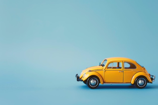 Close up miniatura auto gialla su sfondo blu con copia spazio concetto di vacanza estiva