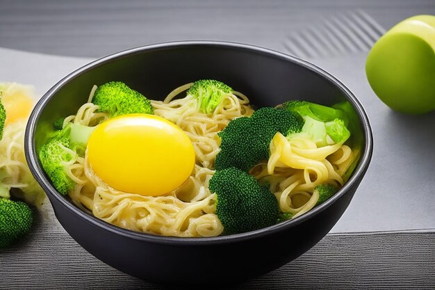 Close up noodles con uova cipolla broccoli in arco