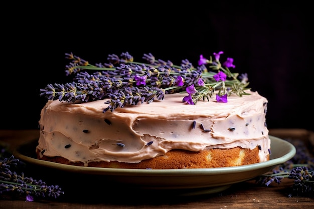 Close up of a lavender honey cake with honey buttercream frosting
