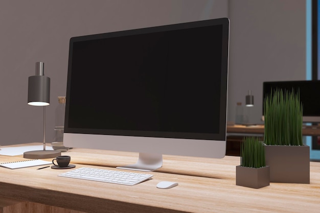 Close up of designer office desktop with empty black computer monitor decorative items and supplies Mock up 3D Rendering